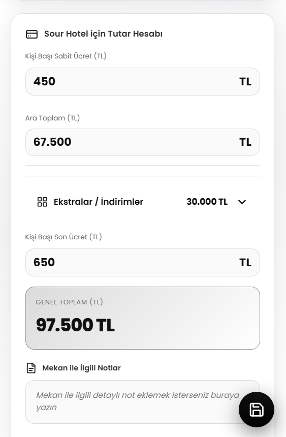 Tutar hesabı örneği: kişi başı ücret, ara toplam, ekstralar ve genel toplam